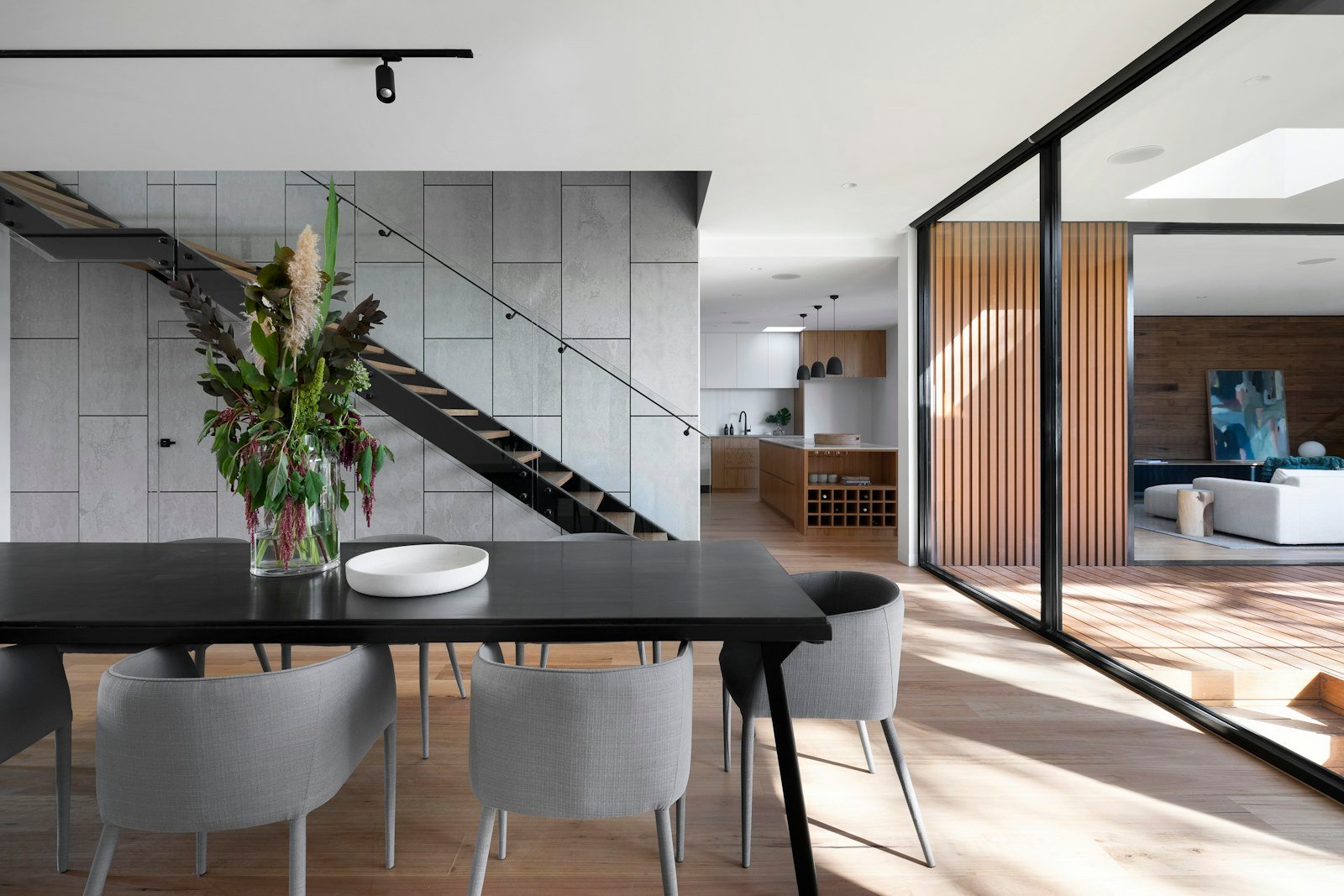 Modern building exterior in warm light